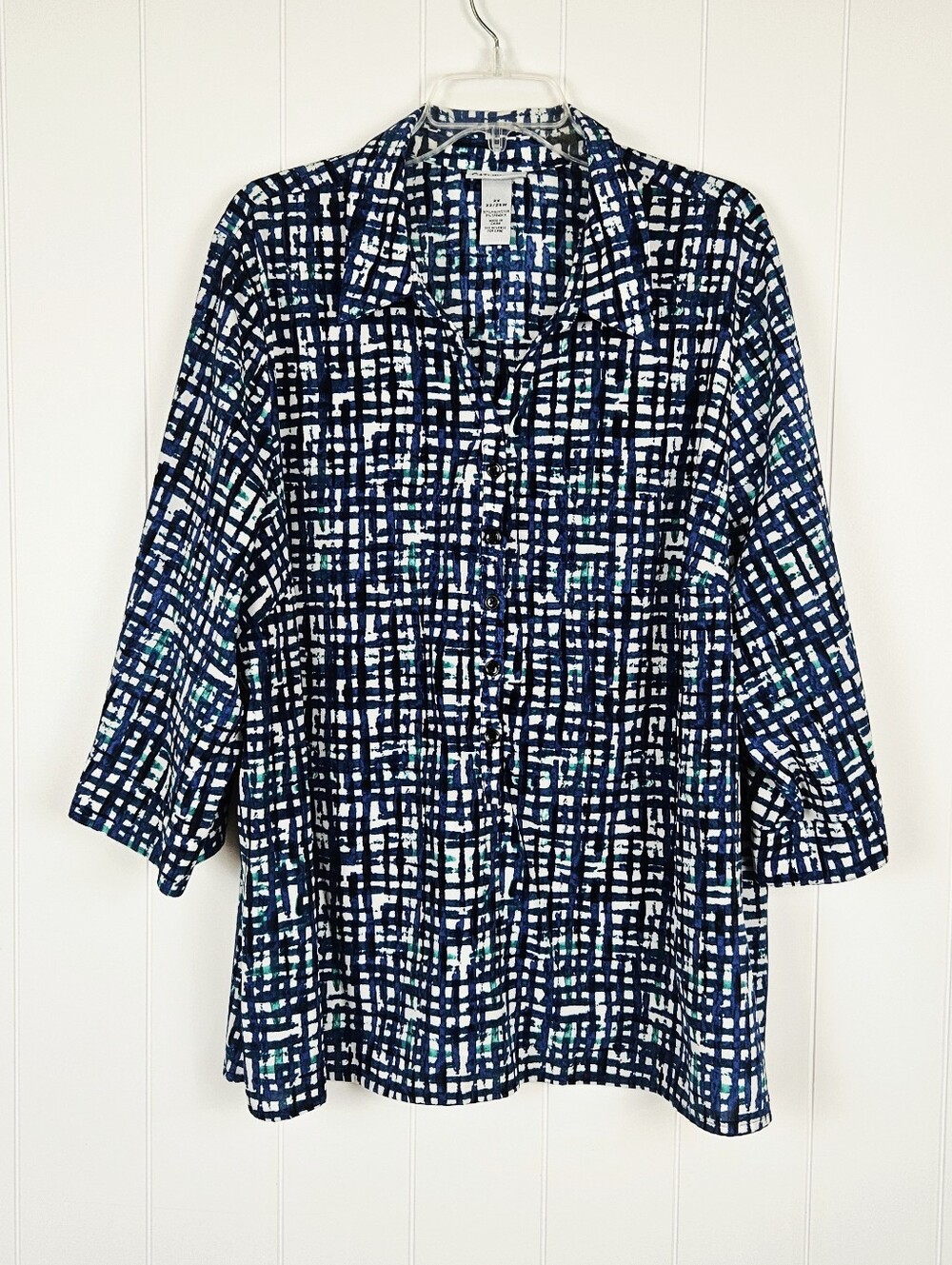Catherines Blouse 3/4 Sleeve Blue Green Stretch Womens 2x Office Partial Button